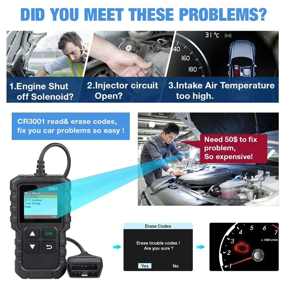 OBD2 Functions Auto Scan Diagnostic Tool CR3001 OBD2 Scanner Engine Fault Diagnostic Scan Tool Support Multilingual Free Update image 3