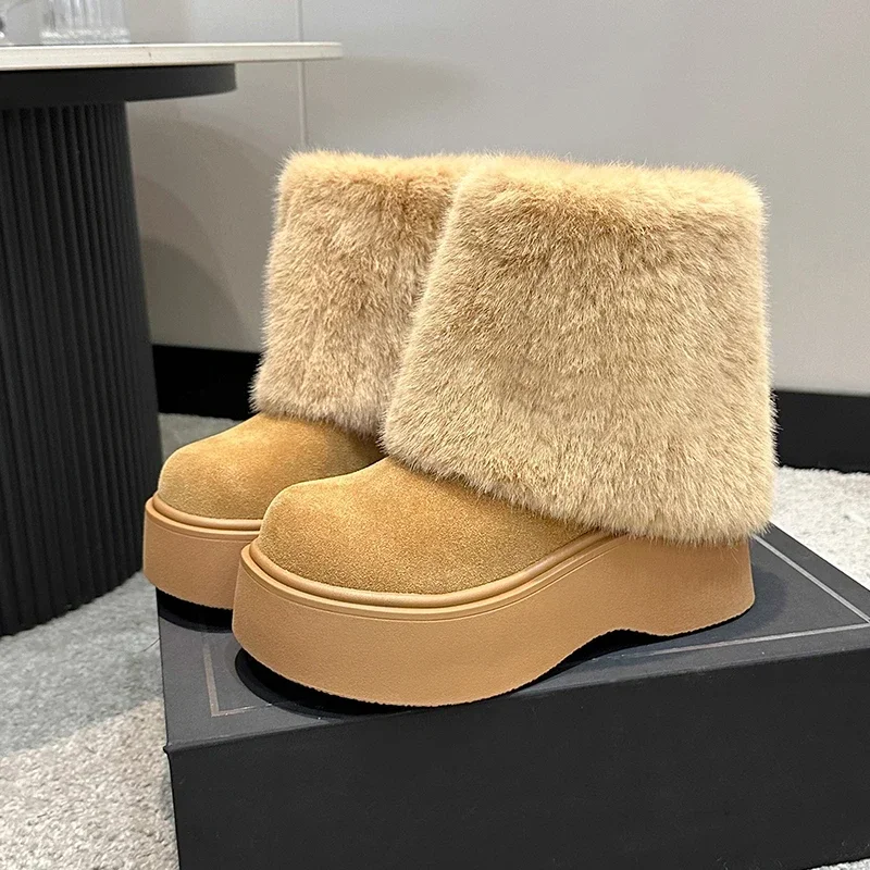 

Women's Winter Snow Boots High Heels Round Head Suede Platform Shoes Soft Sole Anti-slip Keep Warm Low Tube Mid Tube Botas Mujer