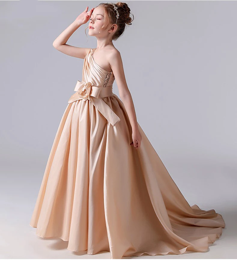 Champagne Satin Flower Girl Dresses for Weddings One Shoulder Princess First Communion Pageant Evening Party Birthday Prom Gowns