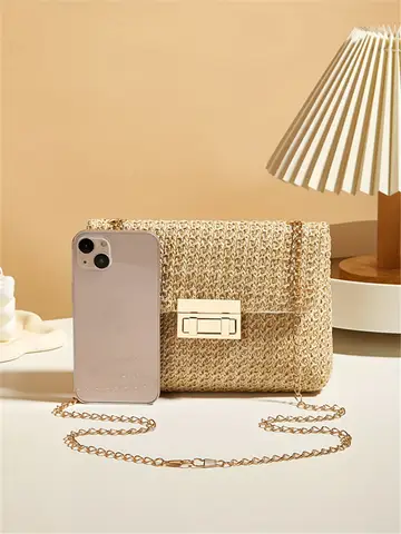 Woven Straw Handwoven Women's Shoulder Bag, Fashion Solid Color Crossbody Purse with Lock Closure