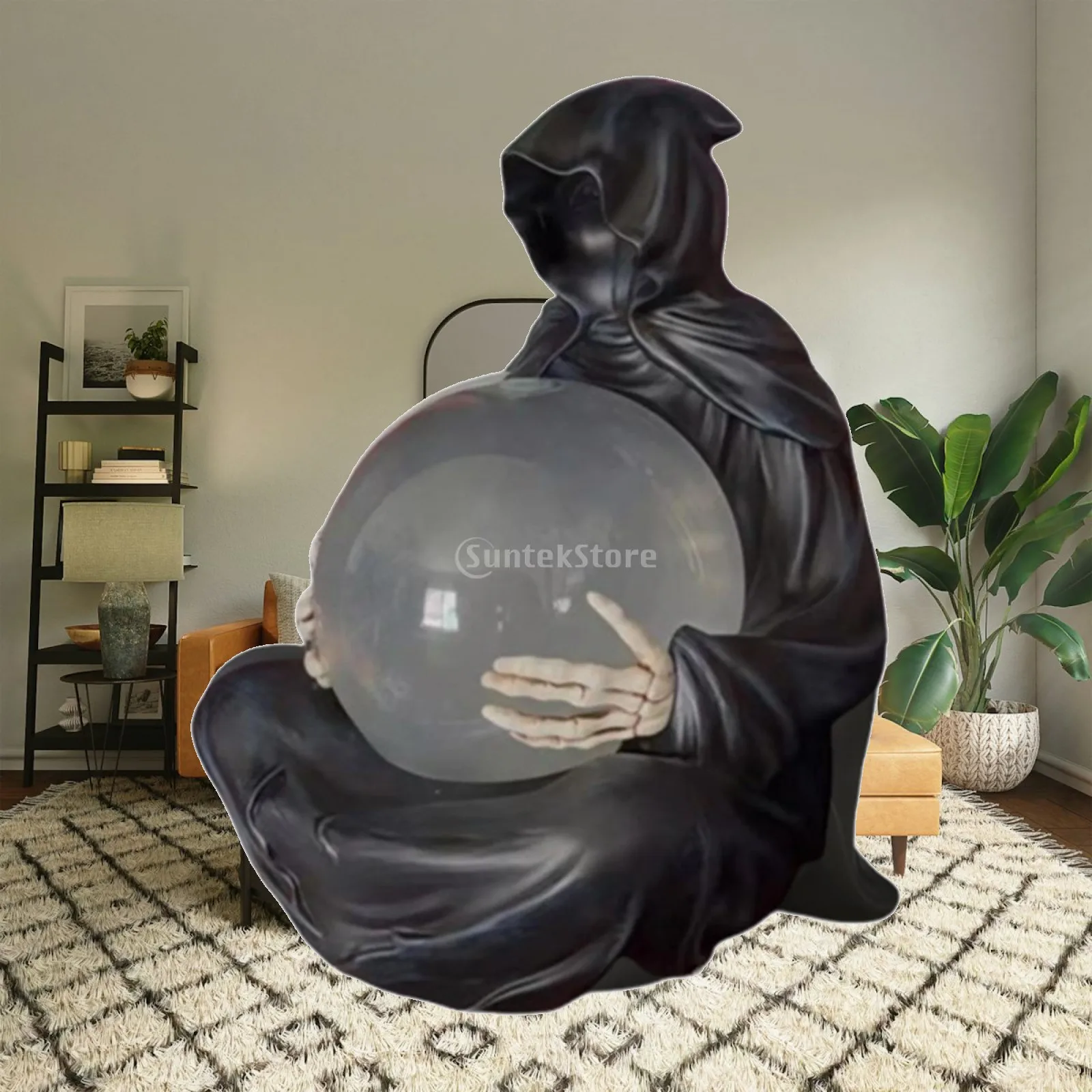 Creepy Reaper Statue Resin Horror Sculpture Decorative Statues with LED Ball for Indoor Halloween Decoration