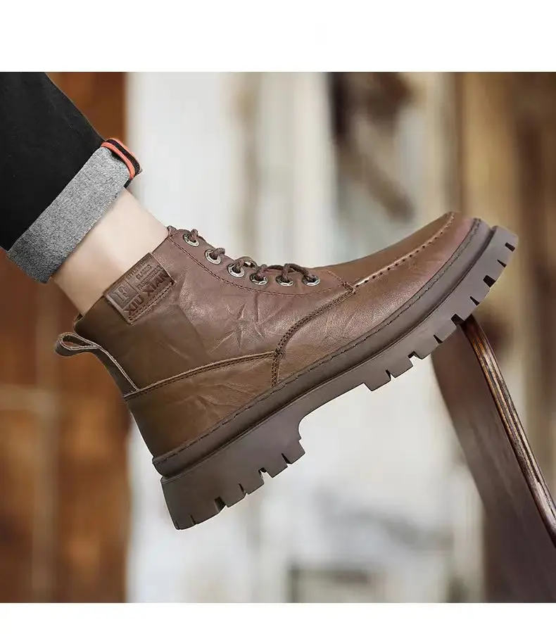 

New Men's Autumn Winter Genuine Leather High Top Work Boots Thick Bottom Non Slip High Quality Lace Up Big Size Leather Boots