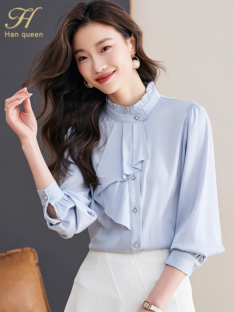 H Han Queen New 2024 Autumn Womans Clothing Loose Long Sleeve Chiffon Shirts & Blouses Ruffles Formal Casual Tops Vintage Shirt