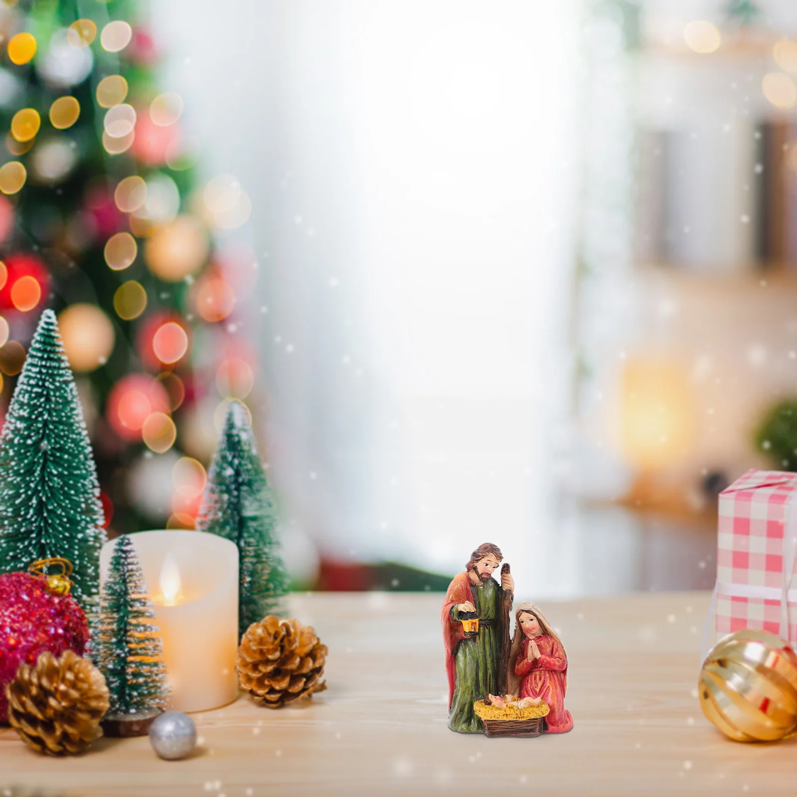 

1pc Christmas Family Decor Small Nativity Of Jesus Ornament Resin Holy Scene For Desk Tabletop Religious Christian Decor Xmas