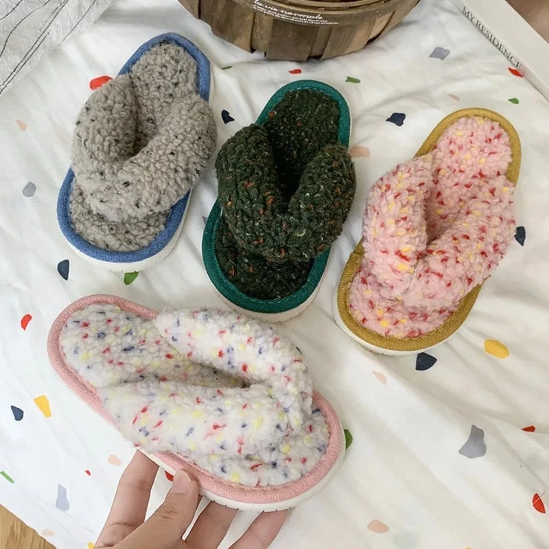 

Autumn Winter Plush Girls Boys Flip Flops Warm Soft Bottom Children Slippers Cotton Thick Anti Slip Kids Home Slippers