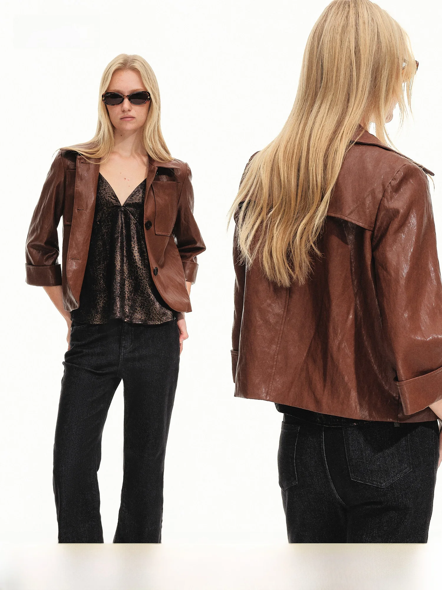 PRRP Short Leather Jacket Brown Retro Texture Stand Collar Arc Shape Utility Pocket Women's Slim Fit Style Button Closure