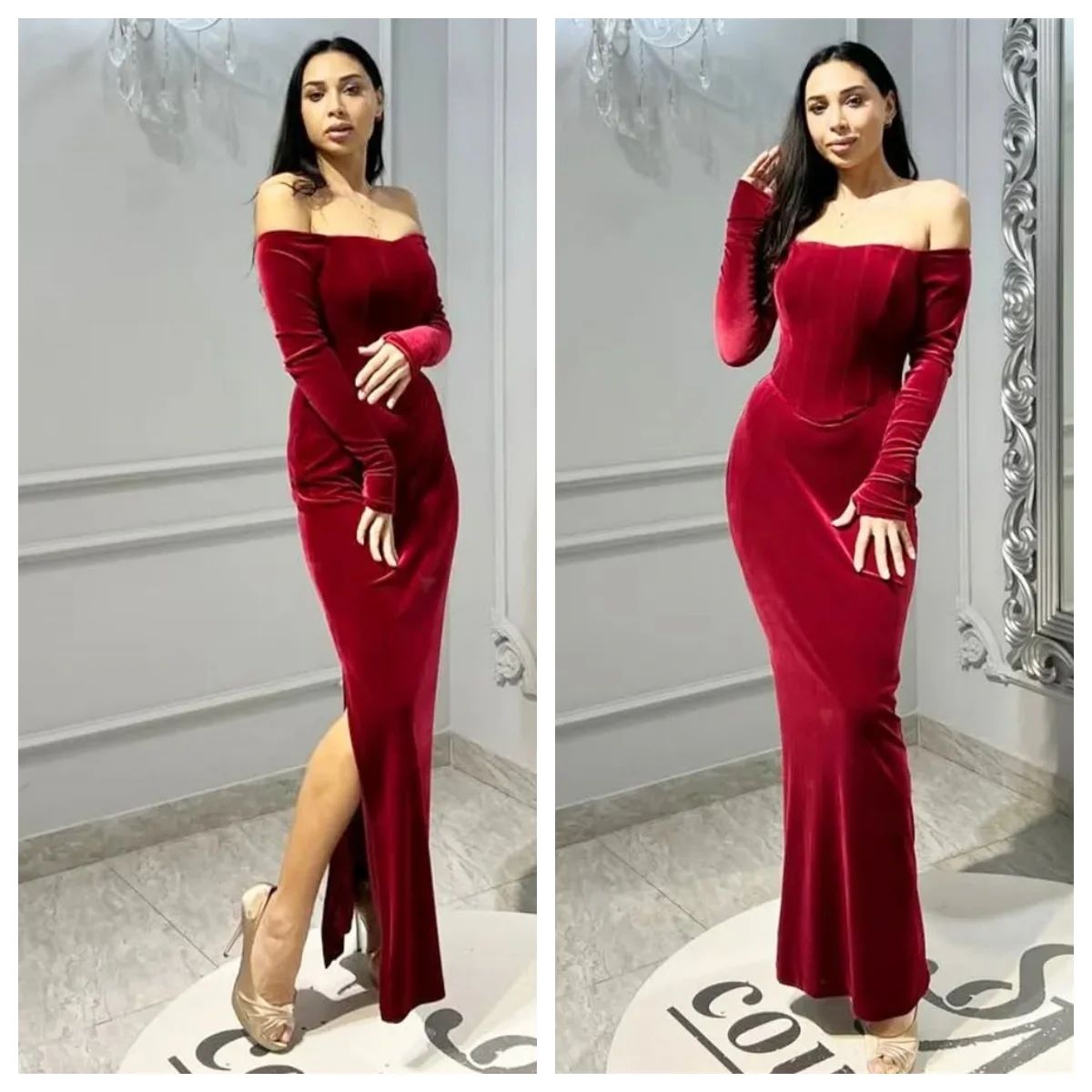 Customized Evening Dress Exquisite Burgundy Velvet Strapless Off the Shoulder Long Sleeves Elegant Mermaid Ruched Party Dresses