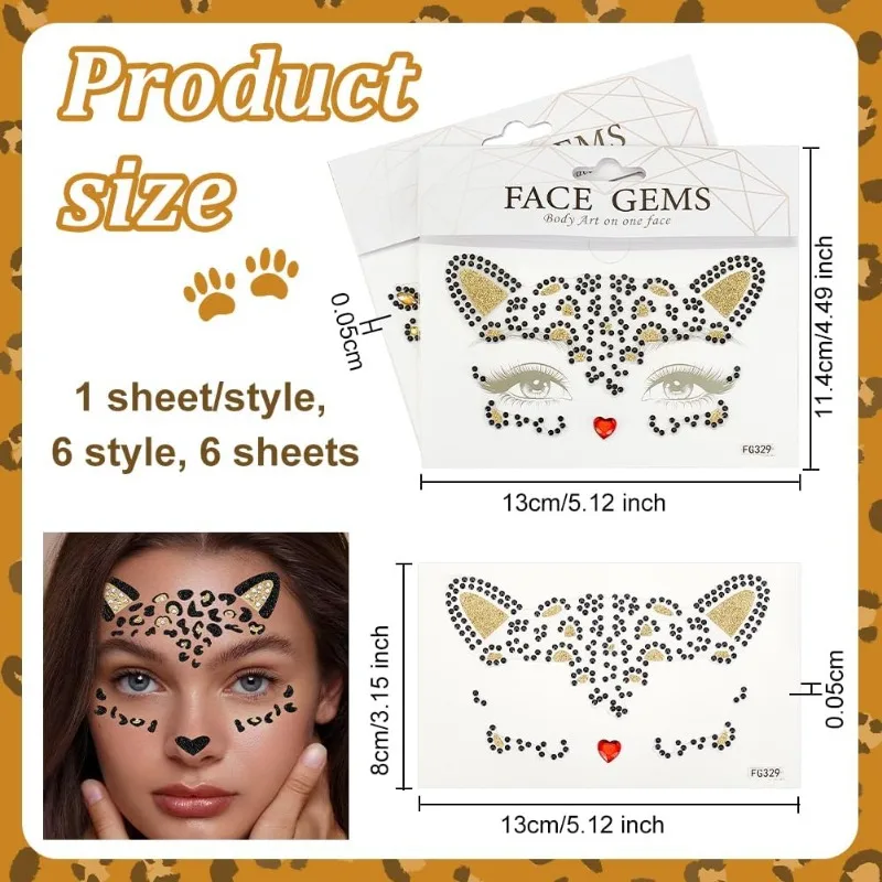 6 Sheets Crystal Cat Face Jewels 3.1x5.1 Inch Acrylic Rhinestone Stickers Temporary Leopard Tattoo Stickers Leopard Face