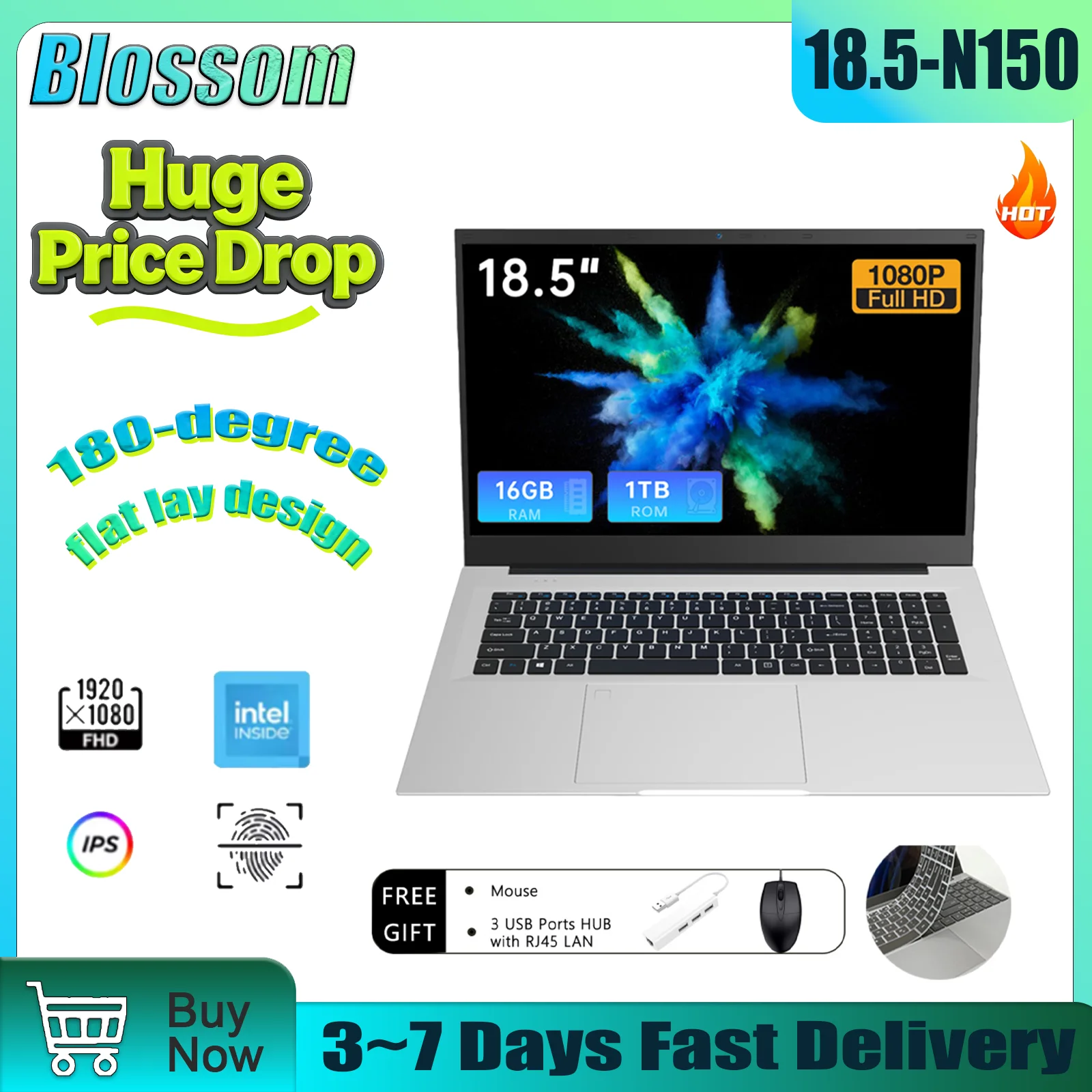 

Ноутбук Blossom N150 18.5 дюймов, 16 ГБ ОЗУ, 512 ГБ/1 ТБ SSD, процессор Intel, легкий, с подсветкой клавиатуры, сканером отпечатков пальцев, Windows 11, доставка по США