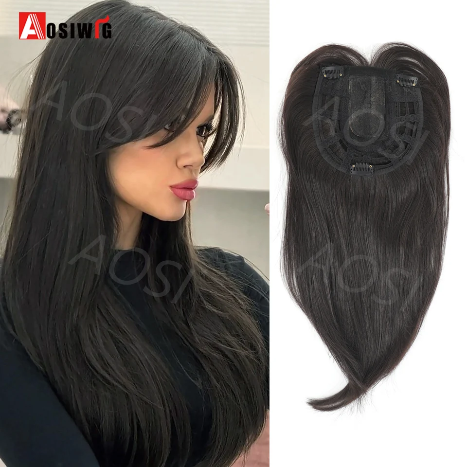 14 Inch Brown Black Hair Topper With Bangs Synthetic Long Straight 3 Clip for Thinning Hairensions For Women Cover White hair Ha