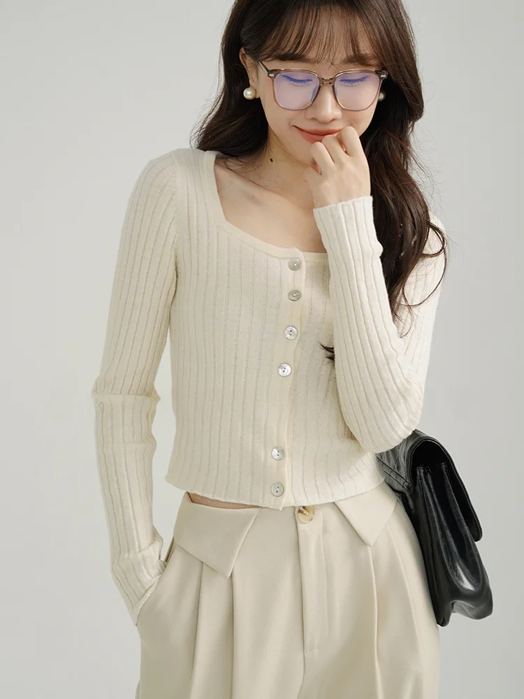 

Sleepy Rabbit 100 Woolen Vintage Square Collar Knitted Sweater Women's Autumn Winter Slim Fit Short Vertical Stripe Base Shirt