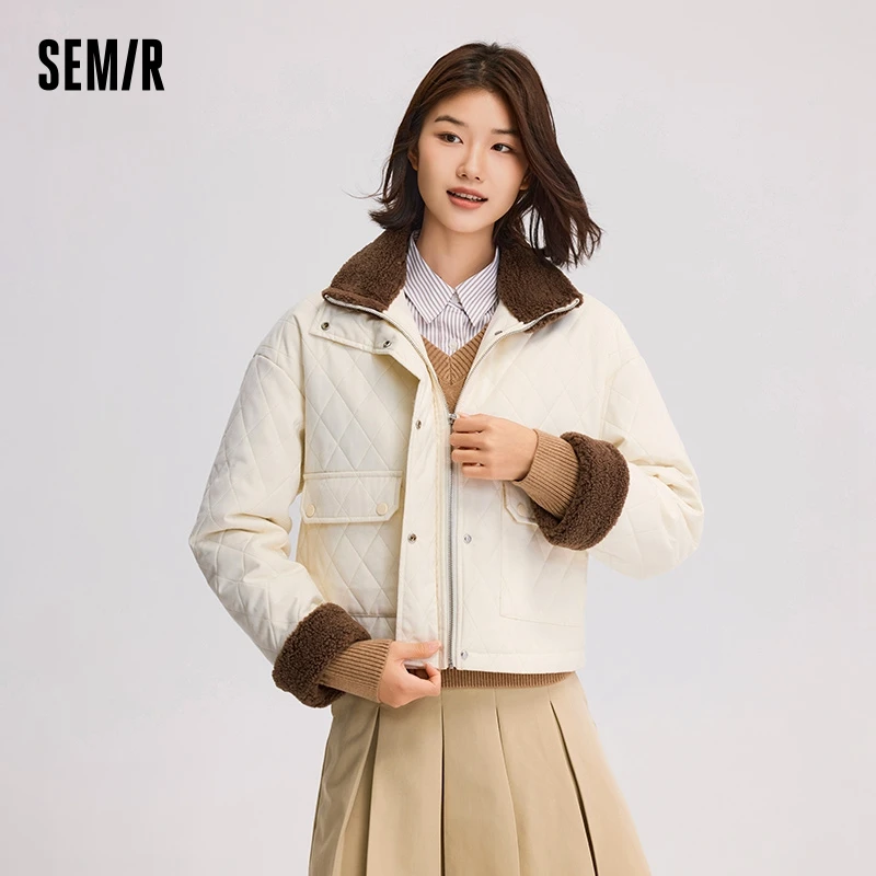 Semir Coat Women Diamond Check Imitation Lamb Wool Stand-Up Collar 2024 New Winter Lazy Loose Retro Quilted Jacket