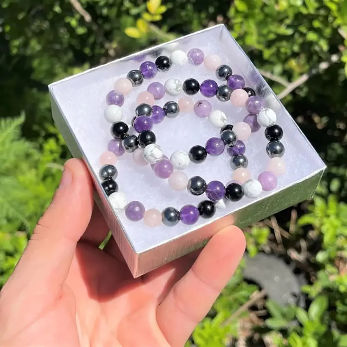 Stress Relief Bracelet: Amethyst, Black Tourmaline, Clear Quartz, Hematite, Lepidolite, Rose Quartz and White 8mm Round Crystal