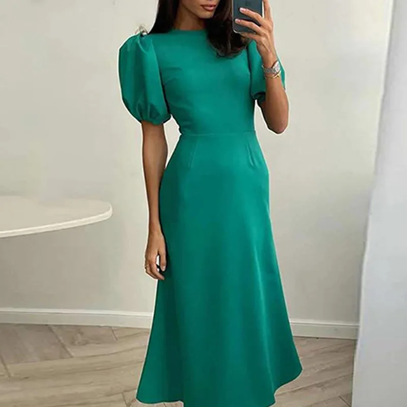 

Spring New Women's Fashion Clothing European and American Fashion Puff Sleeve Elegant Graceful Sheath Solid Color Long Dress661