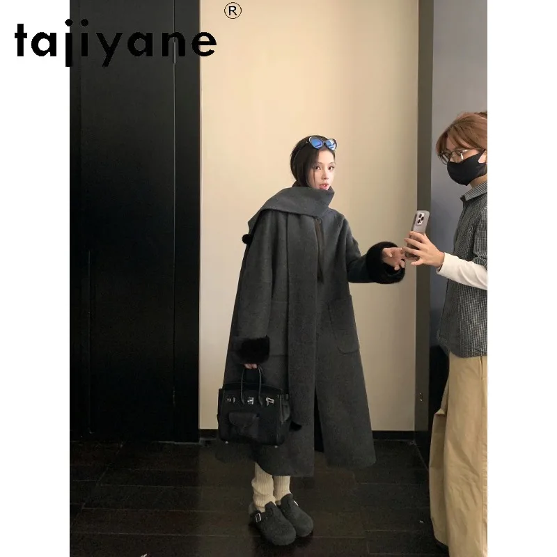 TAJIYANE 90% Wool 10% Cashmere Coats Women Long Luxury Wool Trench Coat 2026 Winter Clothes Woman Mink Fur Cuffs Jacket Пальто