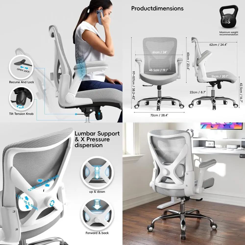 

Эргономичное офисное кресло с высокой спинкой, X-образной сетчатой спинкой из искусственной кожи и регулируемой поясничной опорой для длительной работы (белый-серый)