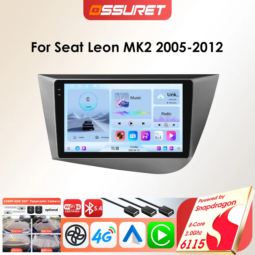 OSSURET Snapdragon 6115 Lettore GPS per autoradio Android per Seat Leon 2 MK2 1P1 2005 - 2012 Carplay Auto GPS 2DIN 8core Multimedia