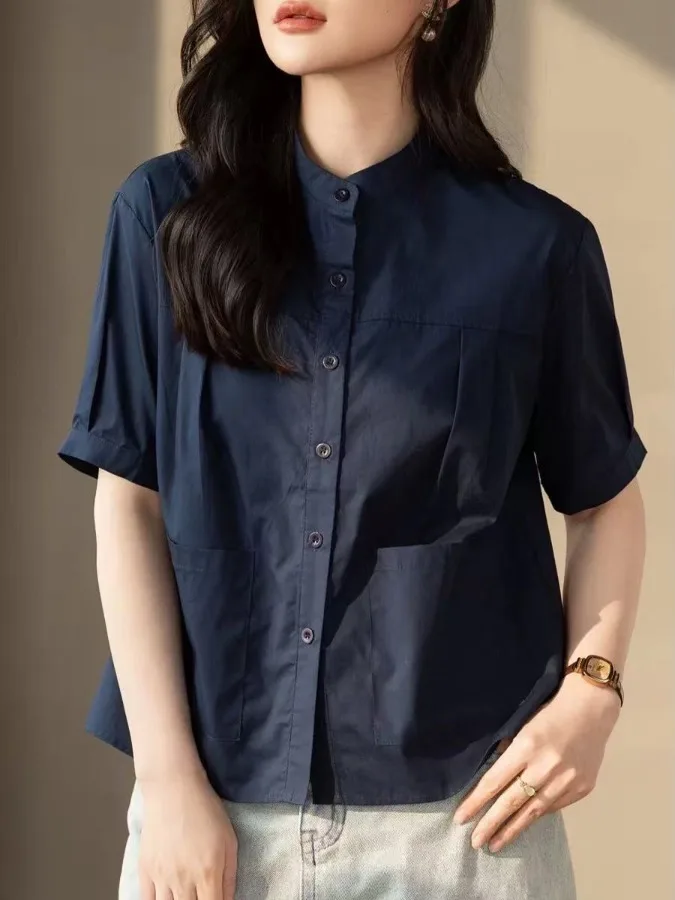 Loose Fit Cotton Linen Shirt Women's Summer Short Sleeve Stand Collar Patch Pocket Casual Shirt European Style Tailored Single