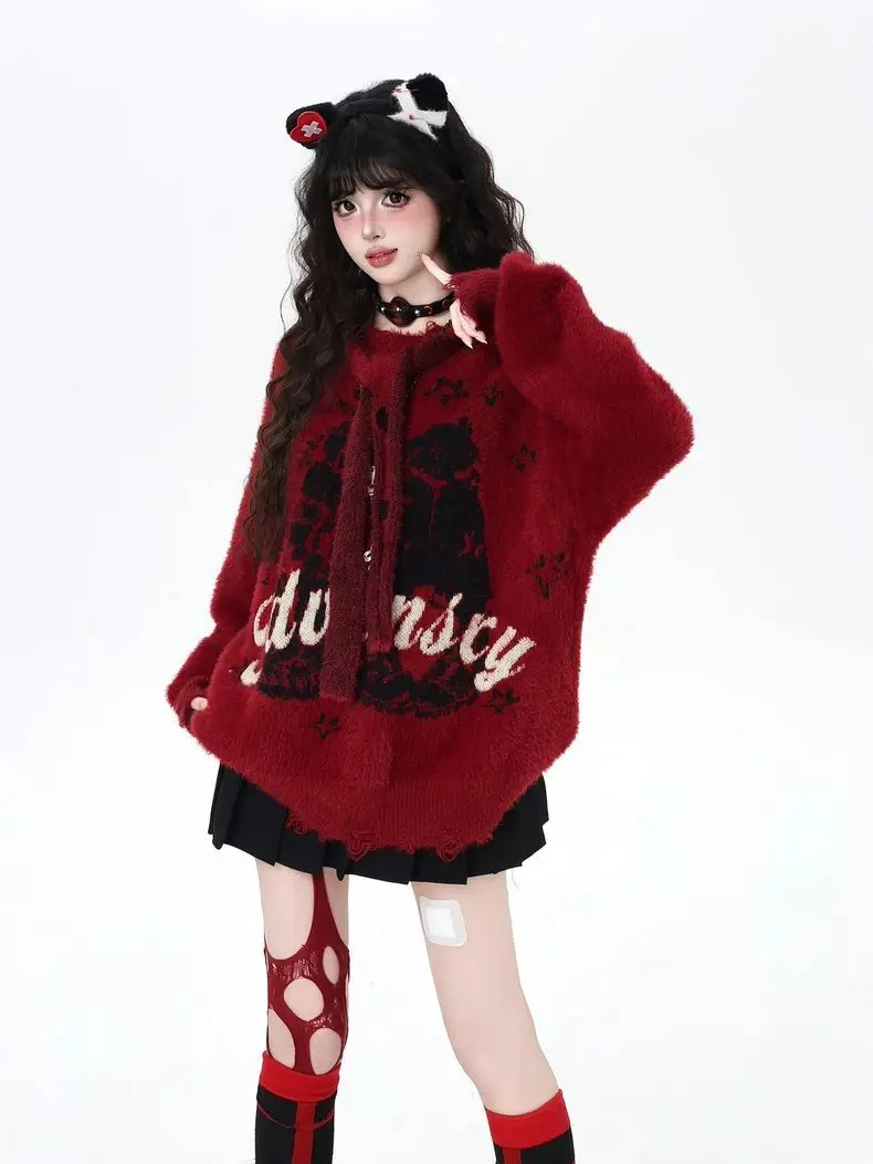 

Japan Removable Hat American Imitation Mink Fur Retro Letter Design Loose Casual Sweater