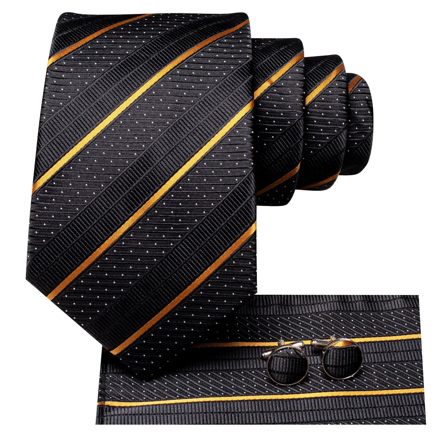 Hi-Dasi Bergaris Hitam Emas Dasi Merek Fashion Pesta Pernikahan Dasi Set Handky Kancing Manset Hadiah Grosir Hi-Dasi Desainer
