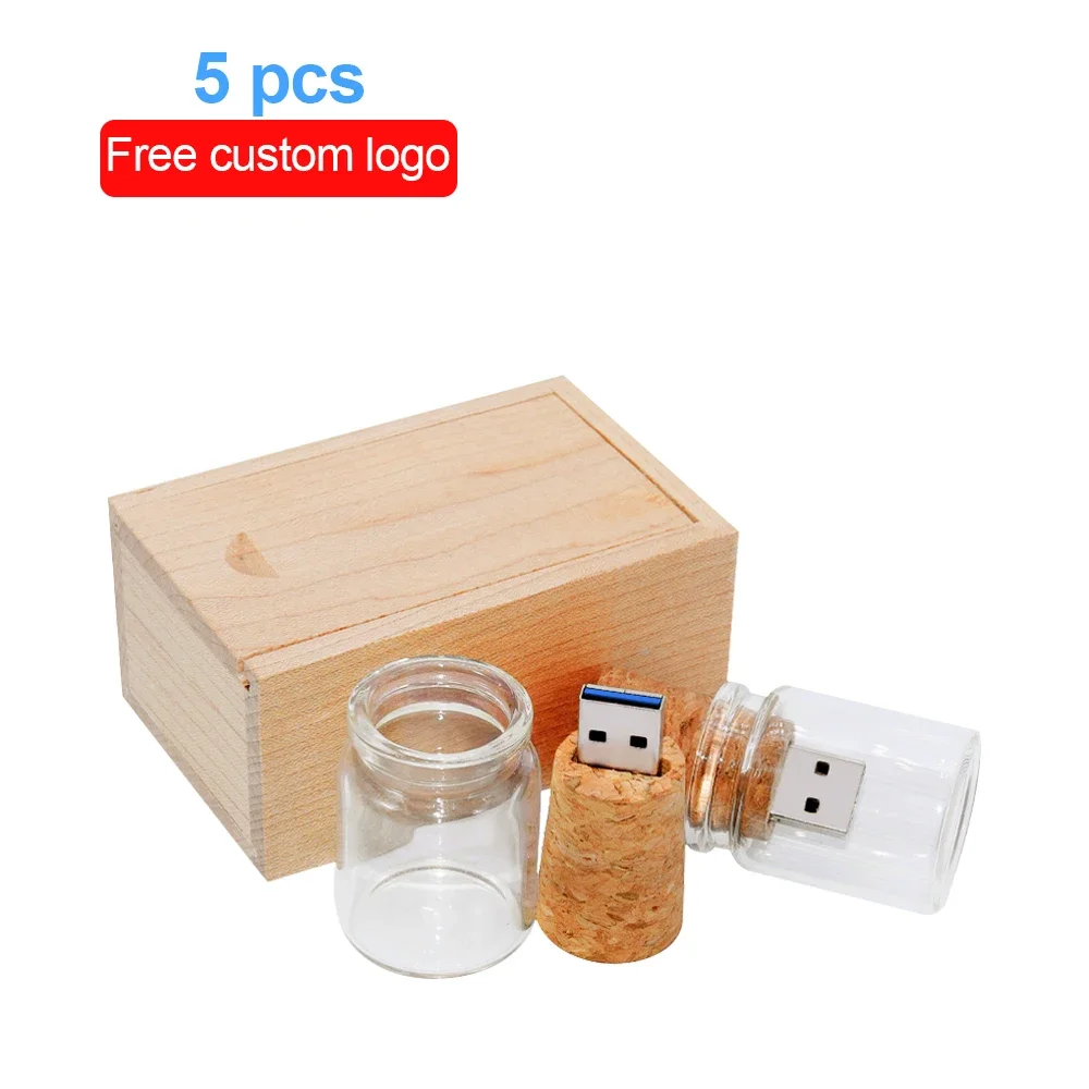 Bouteille de dérive en verre USB2.0 avec lecteur Flash en liège, 5 pièces/lot, 4 go 8 go 16 go 32 go 64 go 128 go, cadeau de mariage