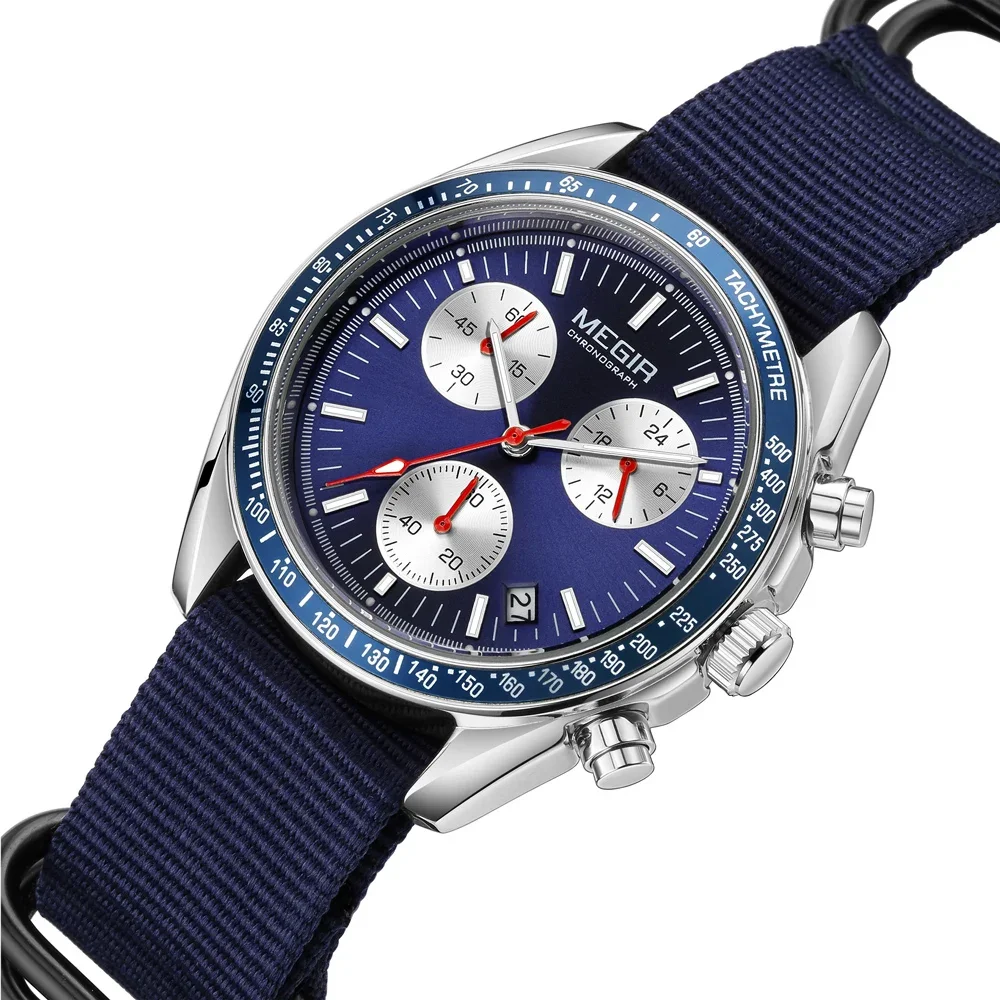 MEGIR New Luxury Men's Watches Canvas Weaving Strap Sport Automatic Chronograph Quartz Waterproof Wristwatch for Male 2247