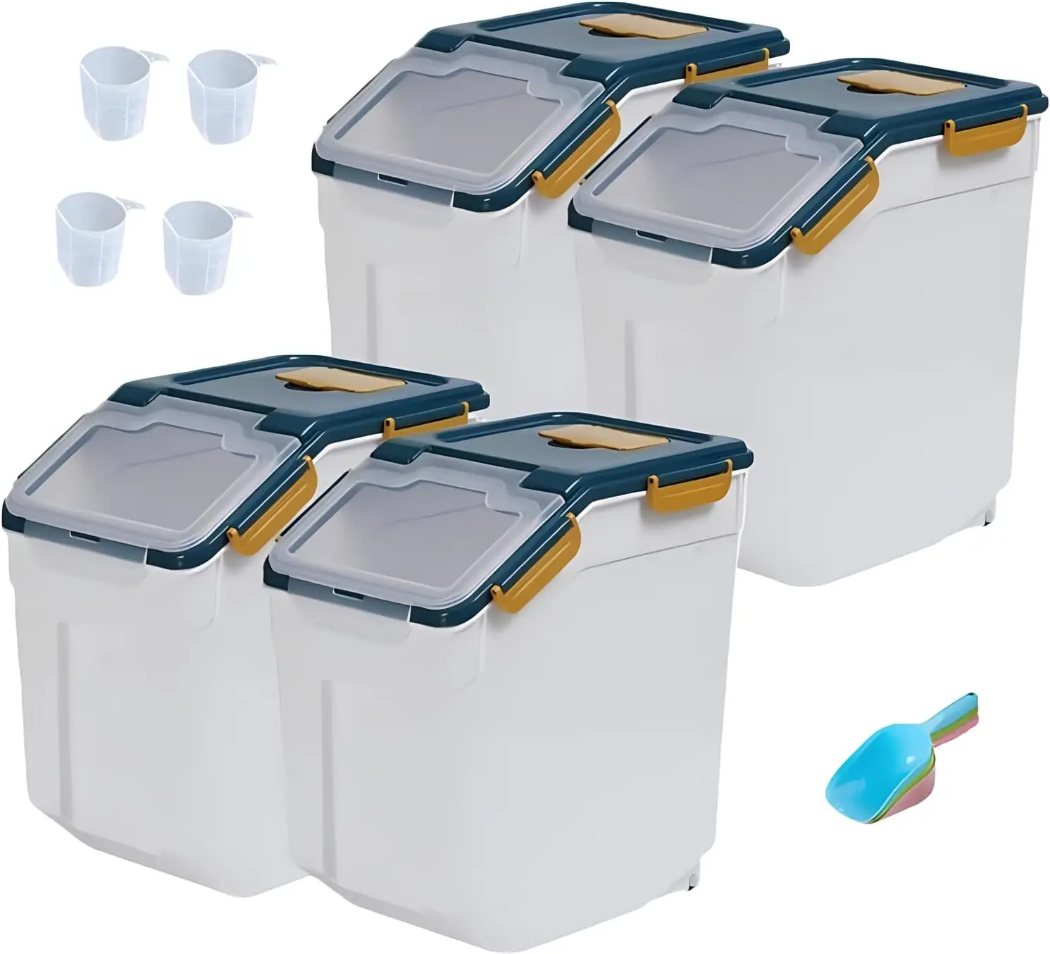 Large Flour Storage Container Bin 25lb, 4Pack Airtight Rice Storage Containers with Wheels Seal Locking Lid, BPA Free with Measu