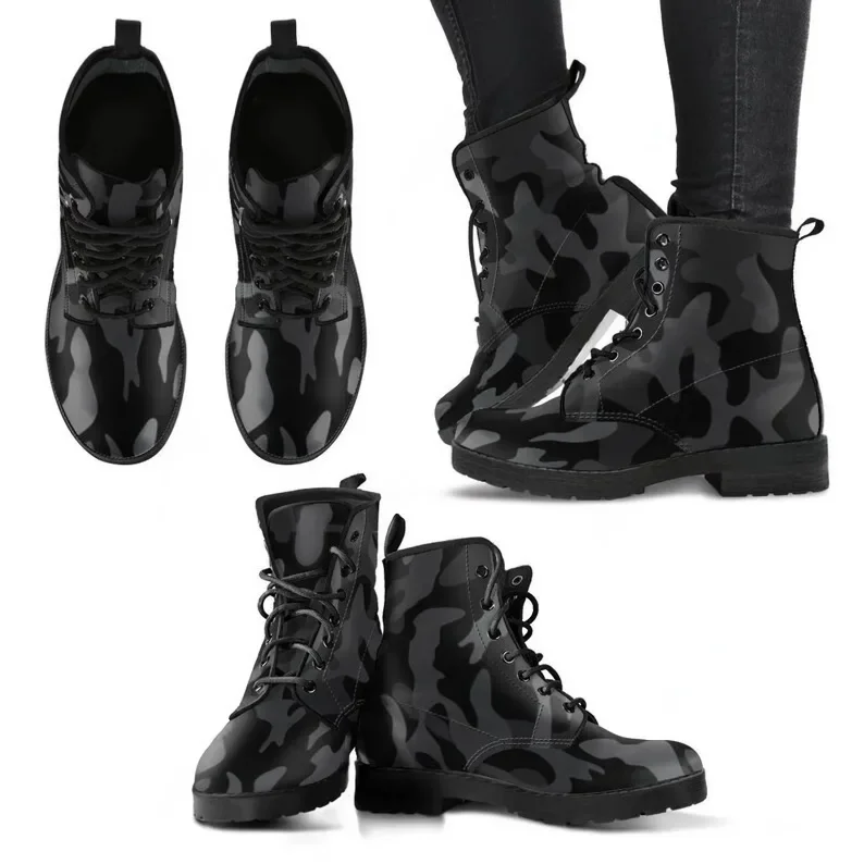 Black Camouflage Leather Boots / Camo Handcrafted Custom Print Boots / Camouflage Men's Women's Winter Boots