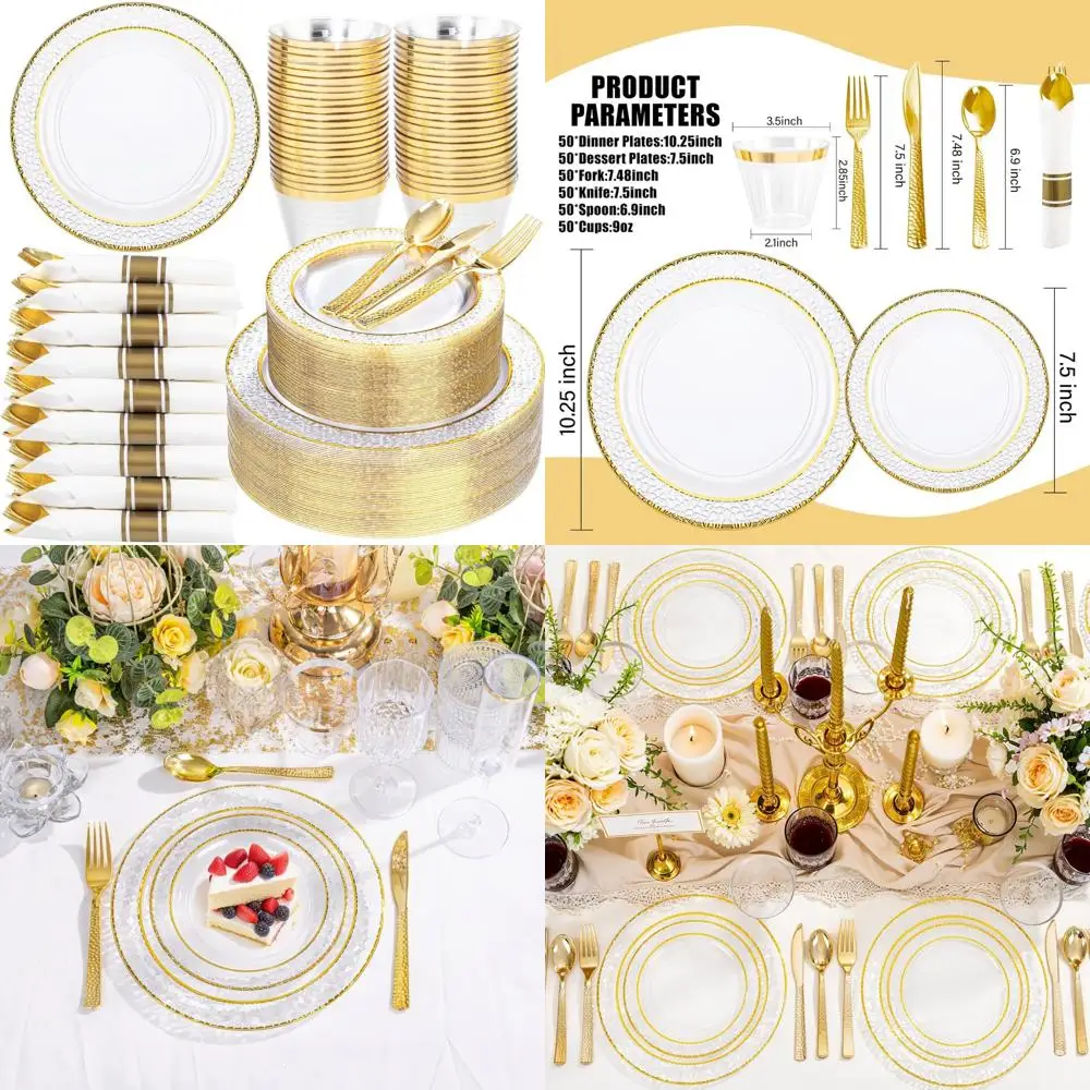 

Одноразовые прозрачные пластиковые тарелки с золотой отделкой, набор столовой посуды из 350 предметов на 50 гостей, идеально подходят для свадеб и Дня Благодарения Ce
