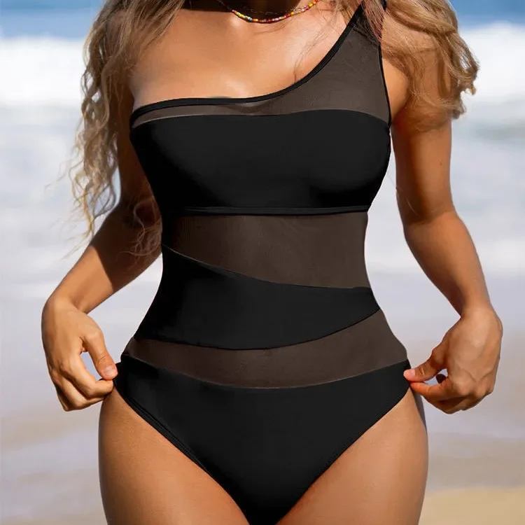Sexy One shoulder Mesh Patchwork One-pieces Swimwear Women 2026 New Hollow Out High Cut Women's swimsuit Monokini Push Up Bikini