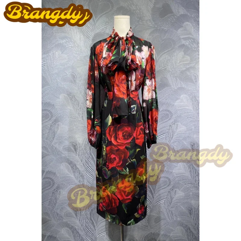 

Fengyingying Foreign Trade Women's Clothing 2025 Summer New Bow Tie Silk Printed Shirt Mid-Length Dress Set