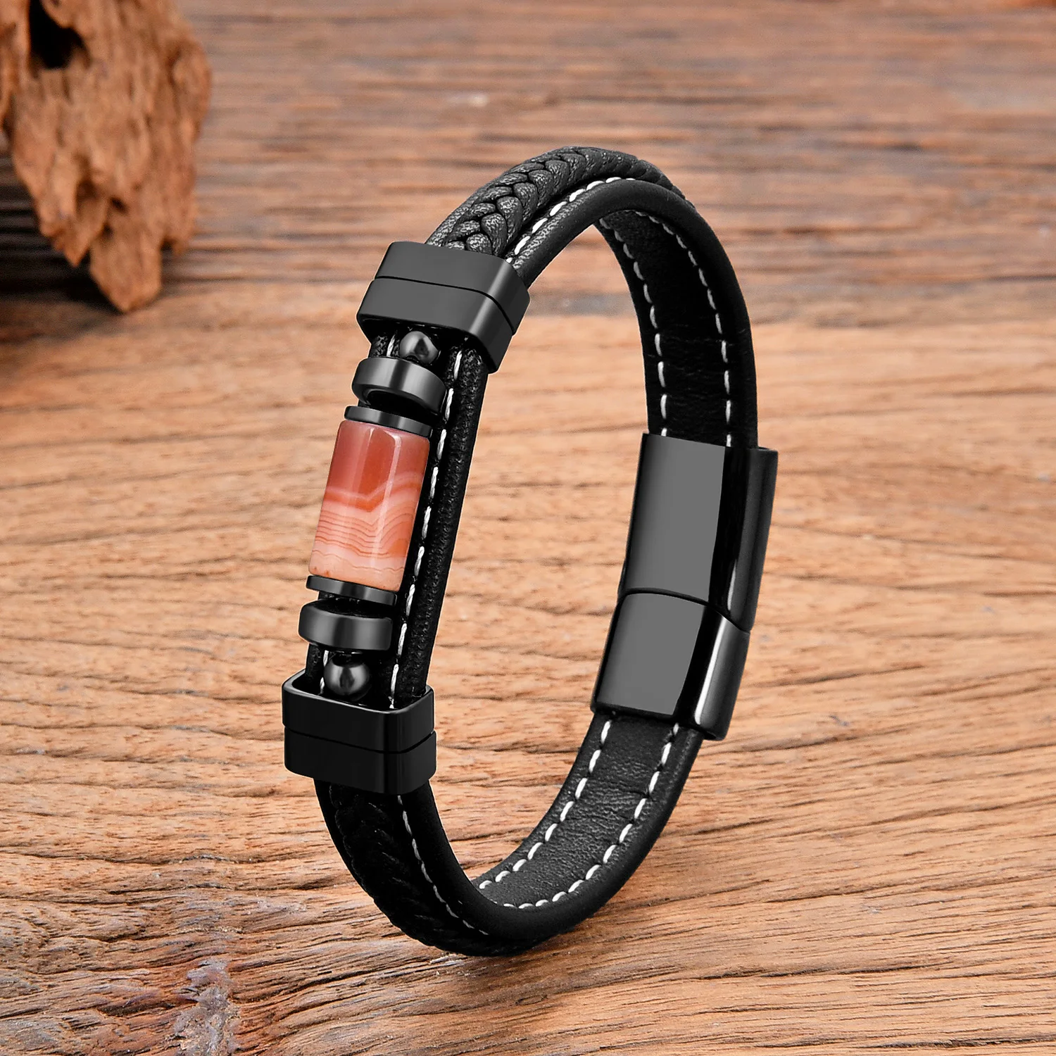 Natürliches Vulkanstein-Armband für Männer und Frauen, Mehrfarbiger Achat-Anhänger, Perlenarmbänder, Modischer Lederschmuck, Großhandel – Detail 10