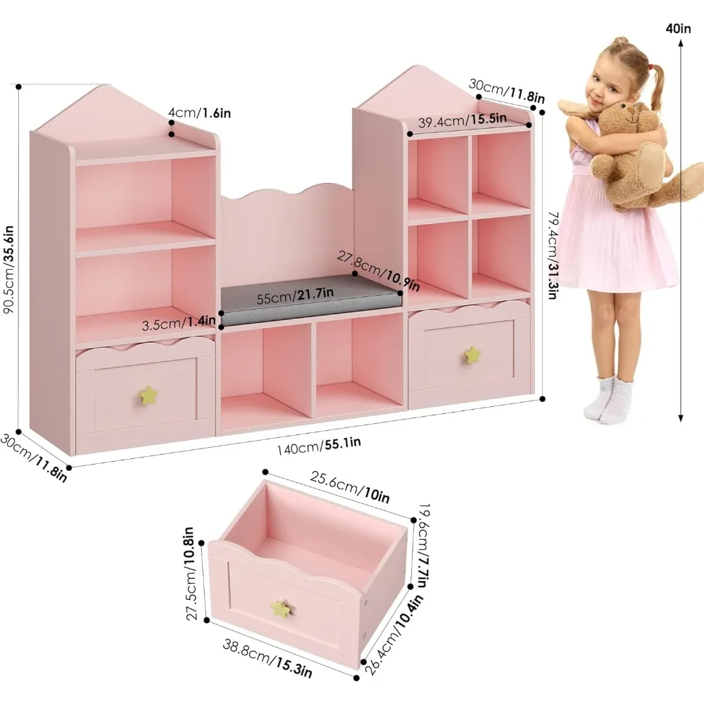 Estante infantil com corredor de leitura, estante infantil, 2 gavetas e 8 cubículos de armazenamento, organizador de armazenamento de brinquedos