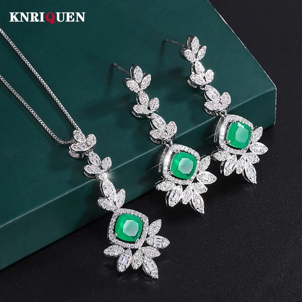 

Luxury 7*7mm Emerald Gemstone Pendant Necklace Earrings for Women Lab Diamond Wedding Party Cocktail Fine Jewelry Set Retro Gift