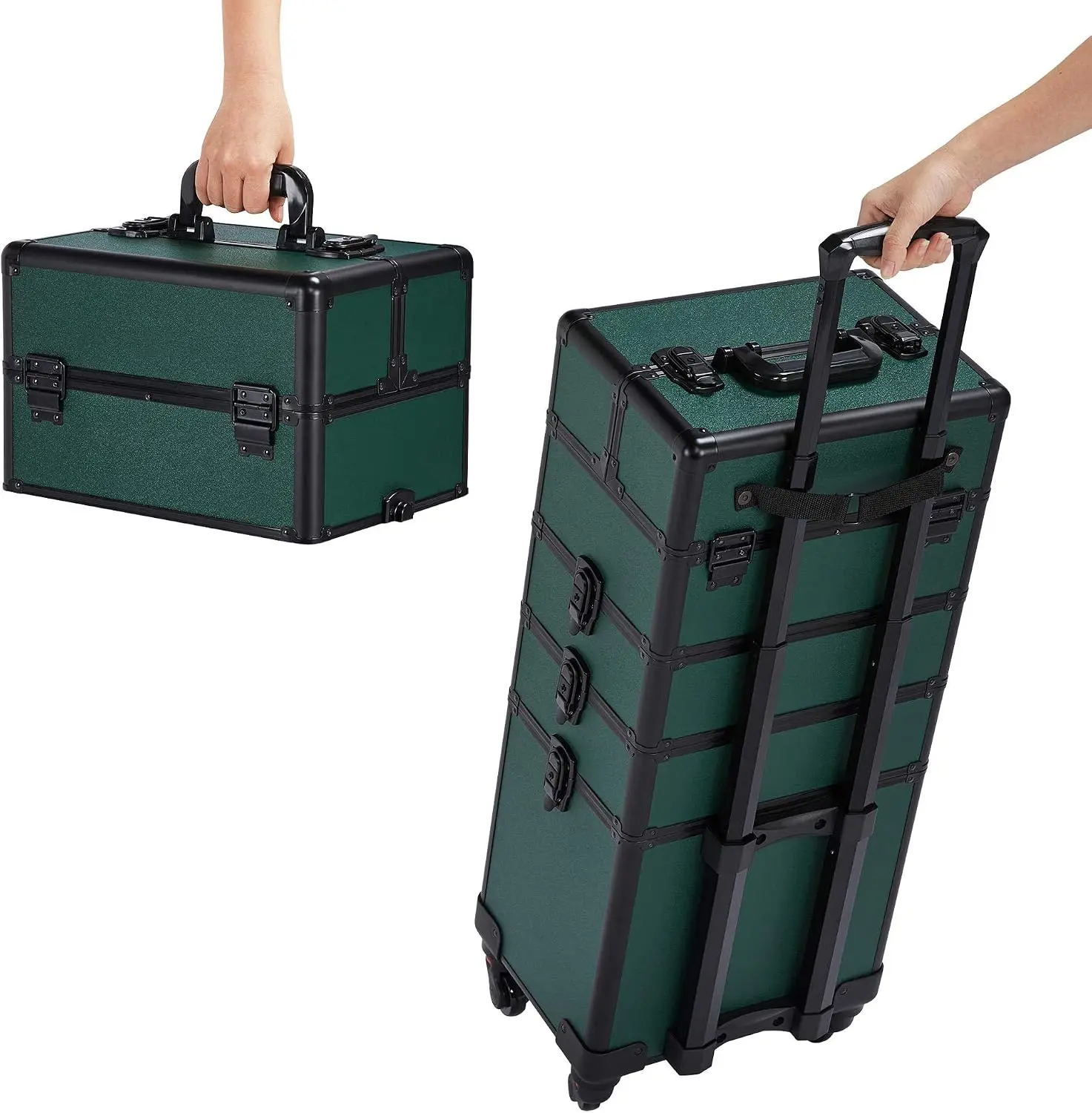 4 In 1 Rolling Makeup Train Case, Lockable Green Cosmetology Cart Aluminum Framed Cosmetic Trolley On Swivel Wheels With Stackable Accordion Trays For Nail Makeup Supplies Storage, Green view 5
