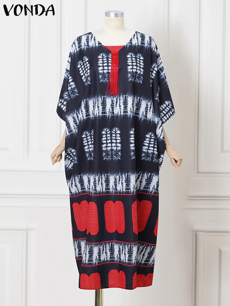 

Женское платье больших размеров, винтажный длинный сарафан макси с принтом, 2025 VONDA, модное платье с v-образным вырезом и рукавами «летучая мышь», повседневное свободное платье