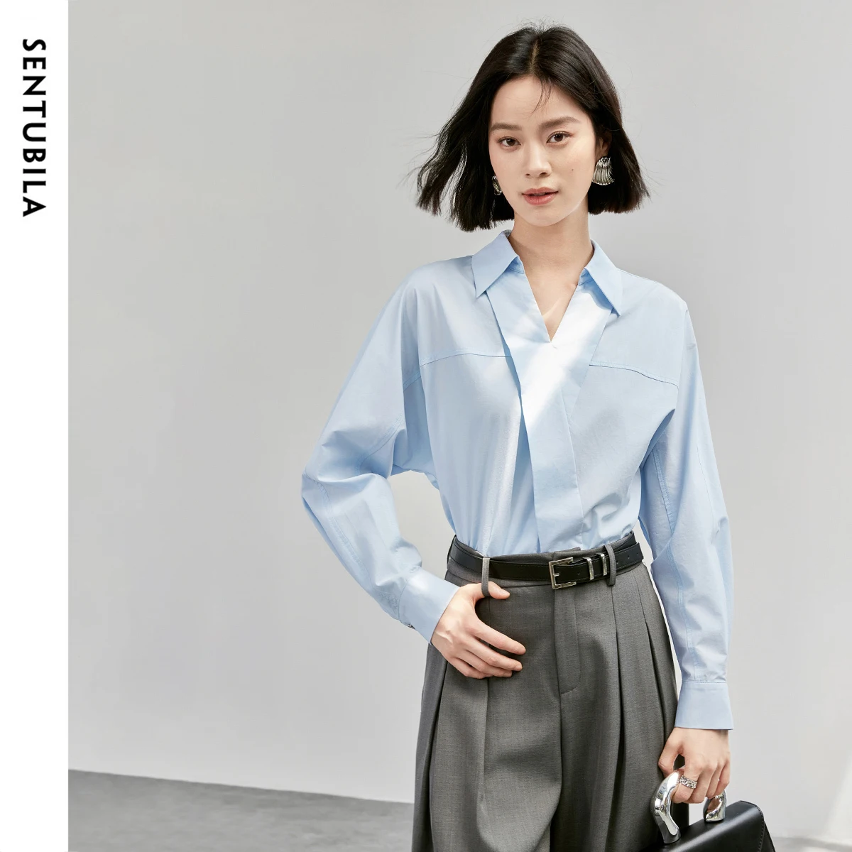 SENTUBILA Office Lady Shirts & Blouses Women 2024 Autumn Fall Loose Fit Cotton Lyocell Blend Long Sleeve Tops Woman 143C55791