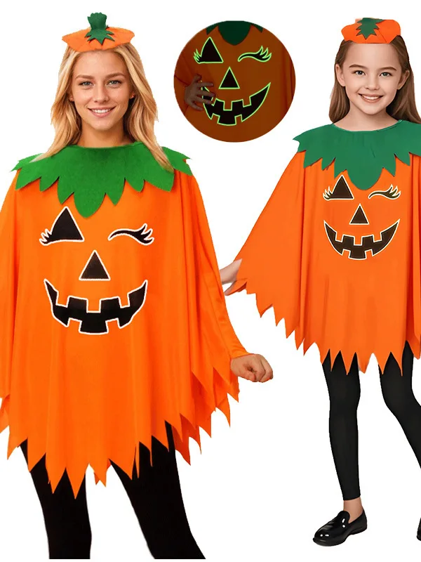 

Luminous Pumpkin Cloak Scarf Hat Party Costume Set for Adults And Children Halloween Night Glow School Party Dress up