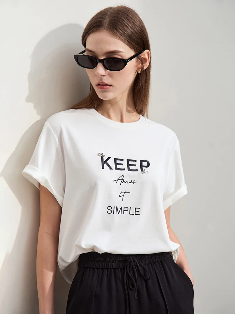 Amii Minimalism Women T-Shirts New 2024 Summer Loose Mid-Length Casual Roman Fabric Letter Embroidery Short Sleeve Tops 12412017