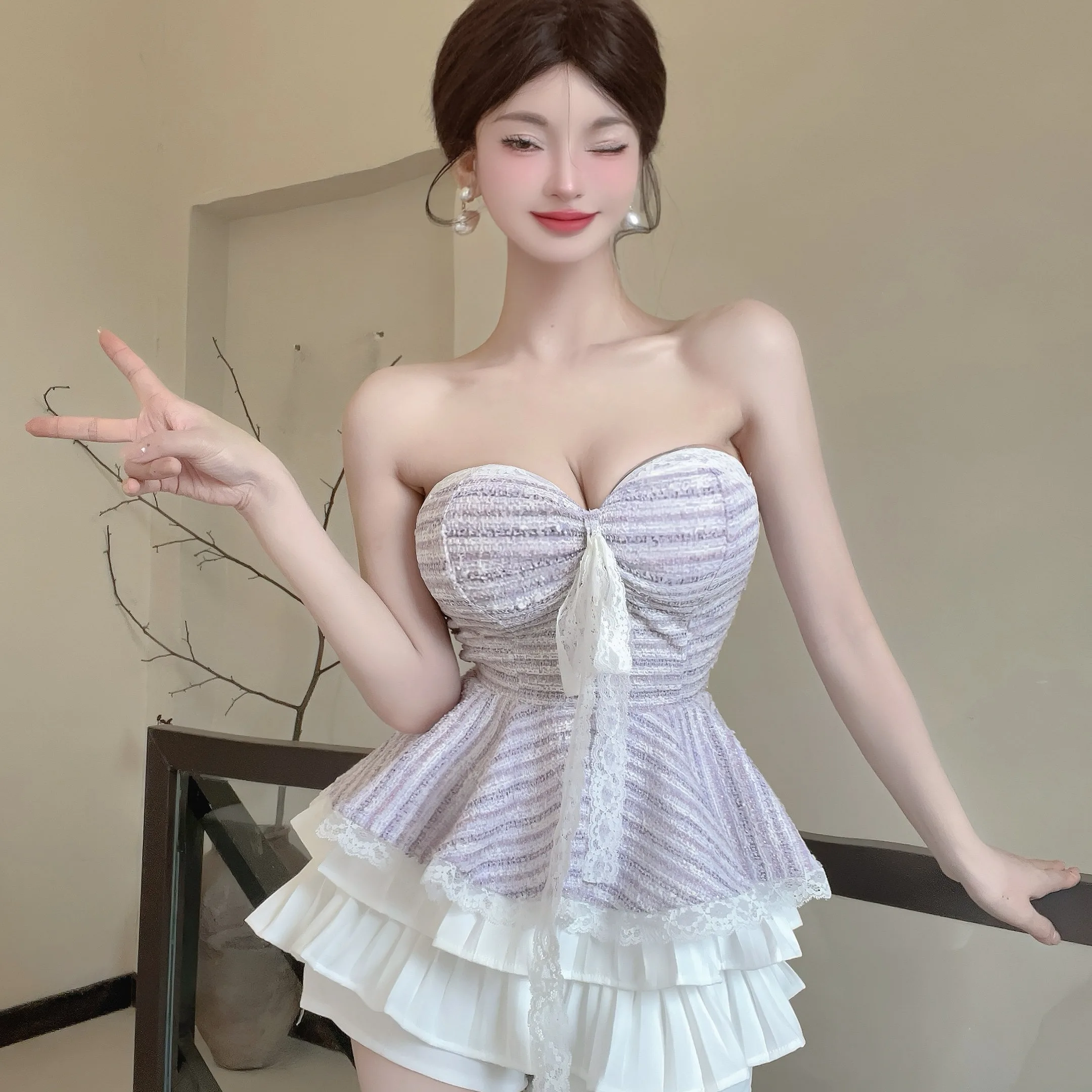 

Dopne Girl Summer 2025 Purple Ele One-oulder High Waist Cake Skirt Set Faionable Student orm Work Outfit