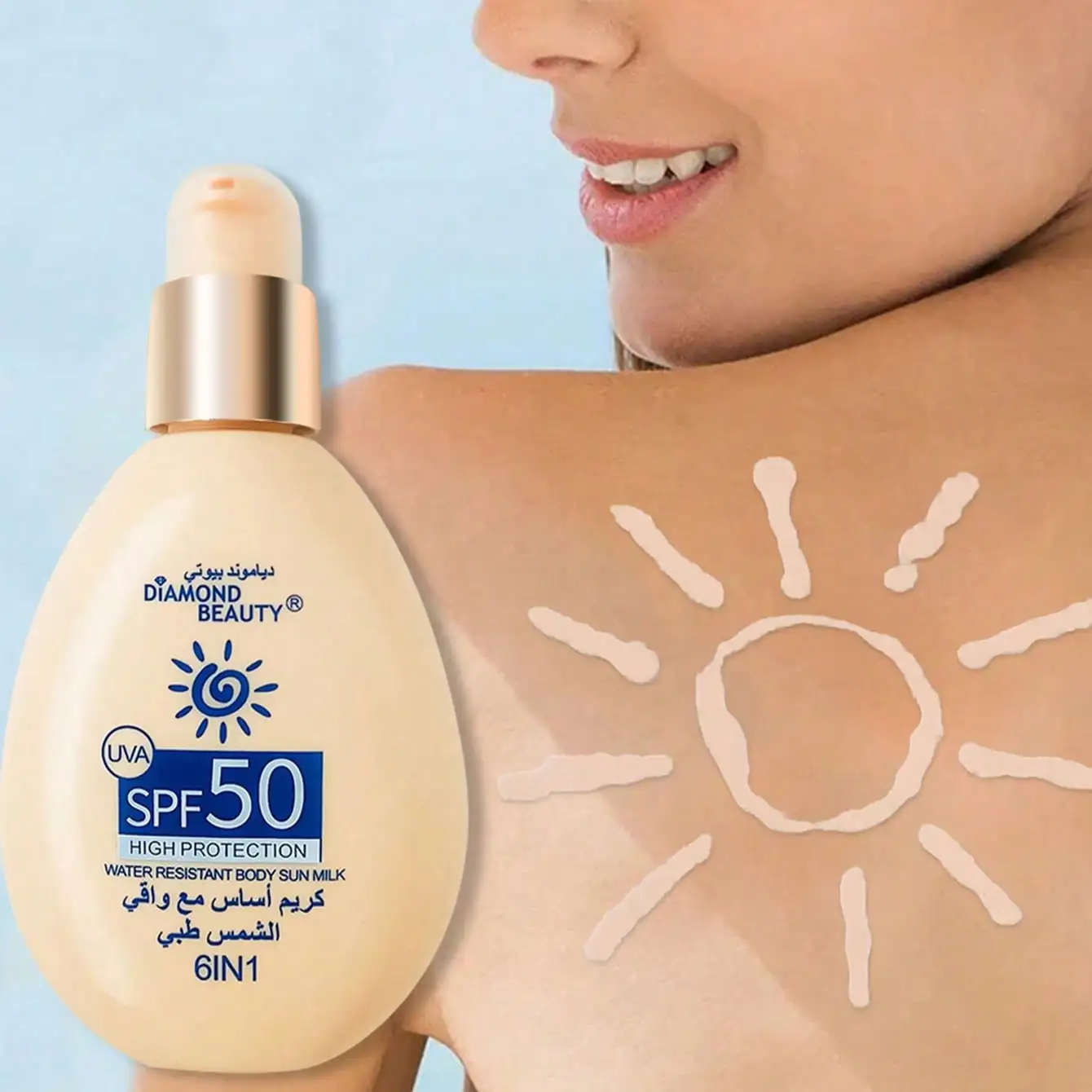 Wasserdichte Sonnencreme mit LSF50, 6-in-1, hoher UVA-Schutz, nicht fettende Sonnenmilch für Gesicht und Körper, Sommer-Sonnenpflege für draußen.