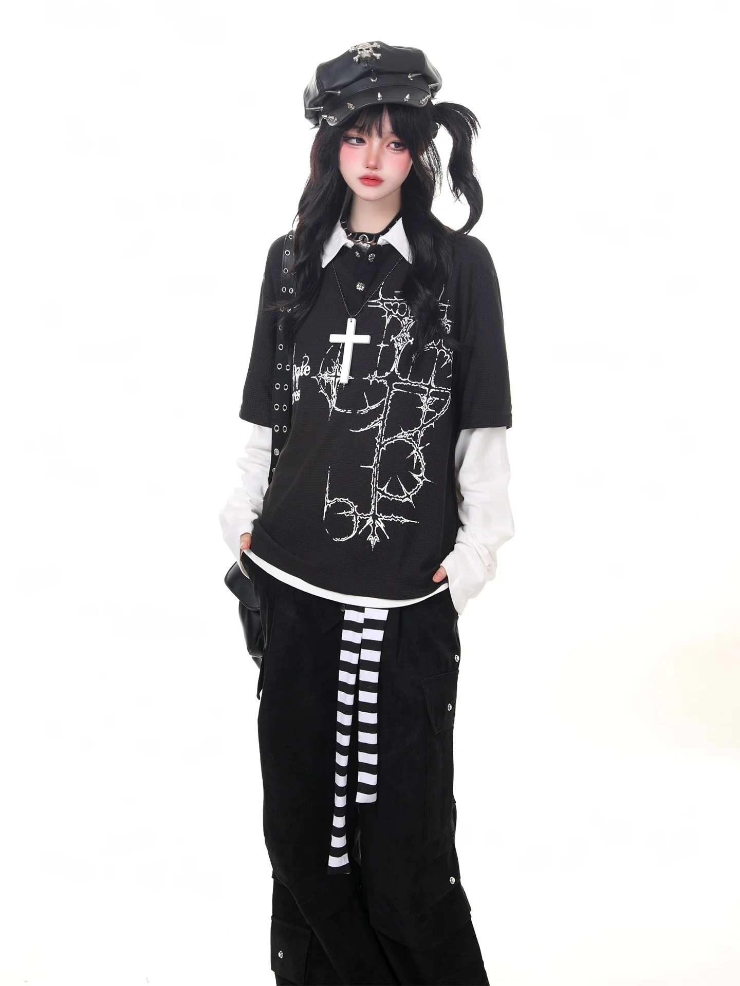 Punk Cross Print Long Sleeve T-Shirt  Collar Fake Two-Piece Top Creative Casual Loose Fit Female Fashion Dark Series