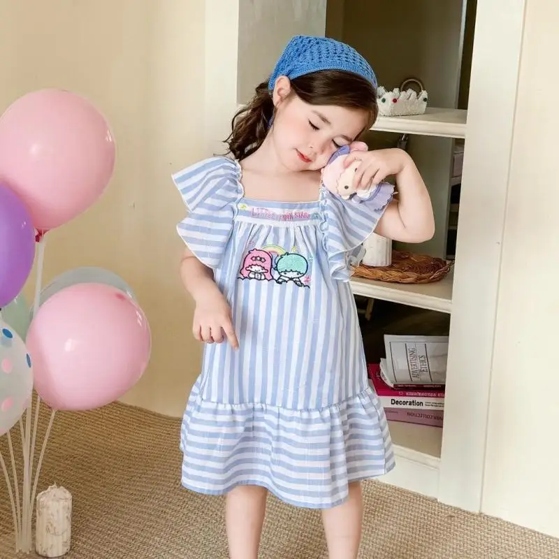 Half Sleeved Dress Sanrio Little Twinstars Summer Casual Style Lotus Leaf Sleeves Stripe Girl Skirt Cartoon Kawaii Daily Life