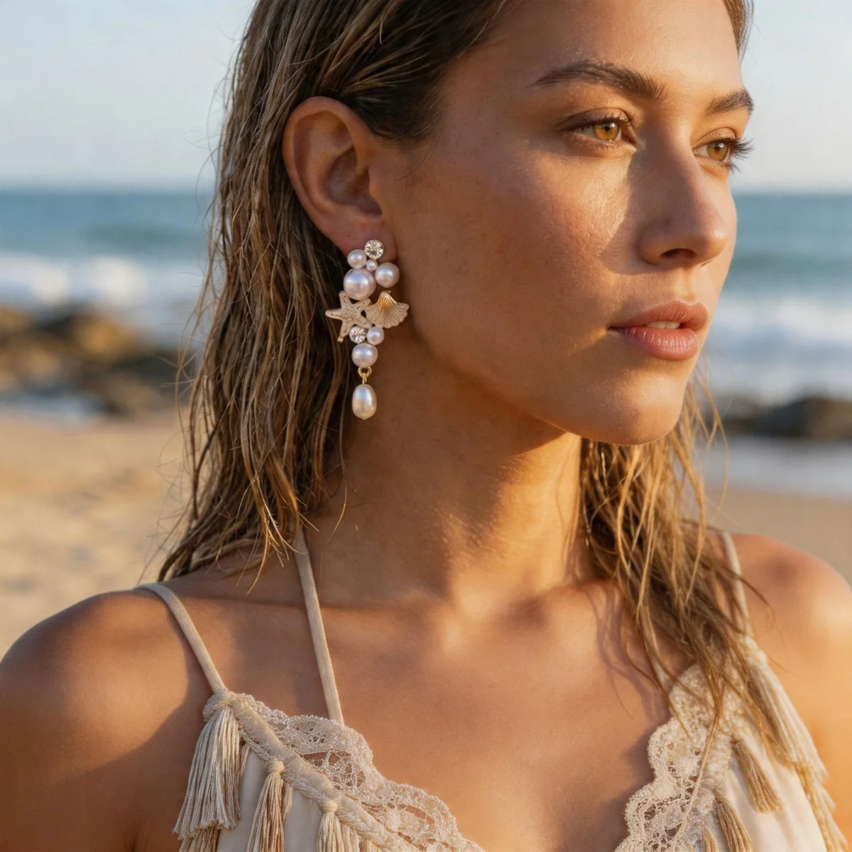 Sommerliche Imitationsperlen-Seestern-Muschel-Quasten-Ohrringe, Boho Ozean Strand Muschel Stern Hängeohrringe, Trendiger Urlaubsschmuck – Detail 10