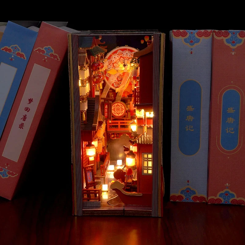 

OUZEY DIY Wooden Tang Dynasty Street View Miniature Model Book Nook Kit Chinese Bookend for Home Decor Friends Birthday Gifts