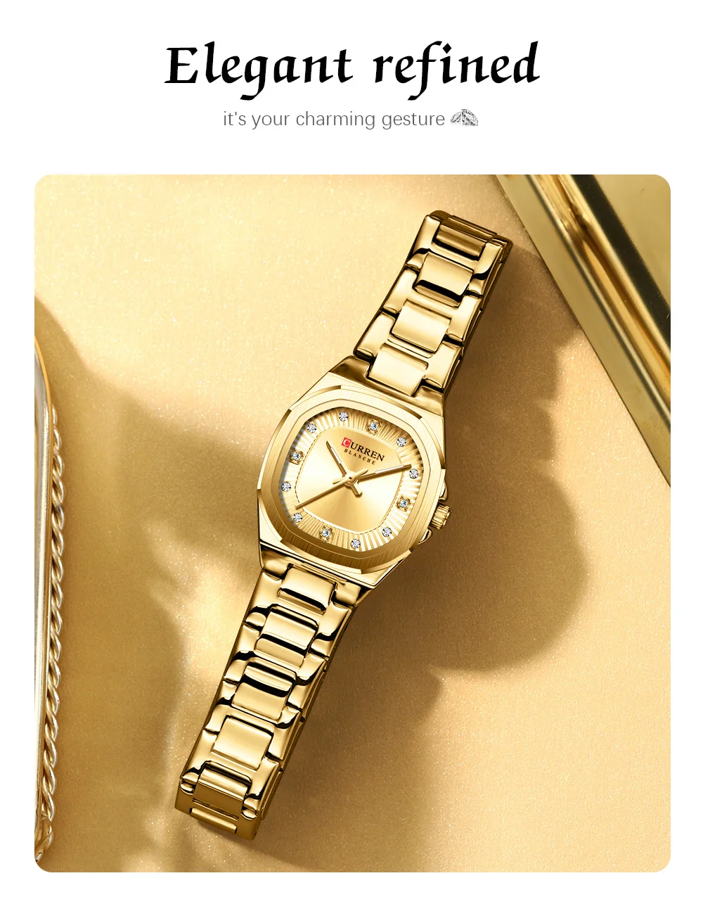 CURREN Gold Damenuhr mit Diamantakzenten, stilvollem Edelstahlband, elegantes Design, wird mit kostenloser Box geliefert – Detail 11