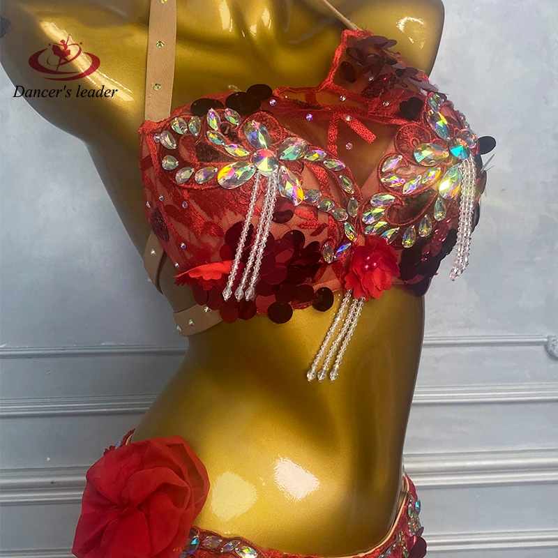 

Belly Dance Adult Children'S Dress High-End Red Sequin Embroidered Mesh Tango Women'S Professional Clothing