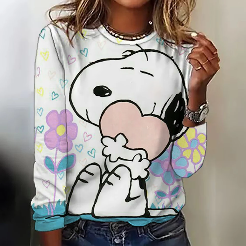 Women\'s Snoopy print long-sleeved tops round neck casual tops 3d printed Cartoon fashion stickers printed women\'s long-sleeved T