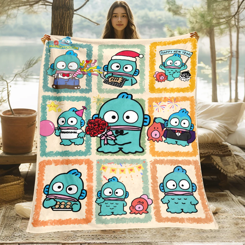 מיניסו & sanrio hangyodon קריקטורה שמיכה. פלנל נוח חם, חדר שינה, ספה, מיטה, כיסא, מתנה, פיקניק, טיולים, מחנה, שמיכות.