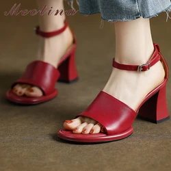 Meotina Women Genuine Leather Ankle Strap Sandals Round Toe Thick High Heels Buckle Sheepskin Ladies Fashion Shoes Summer Khaki